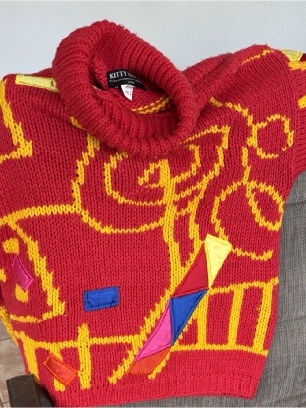 Bright Red & Yellow Knit Scarf with Colorful Appliqués